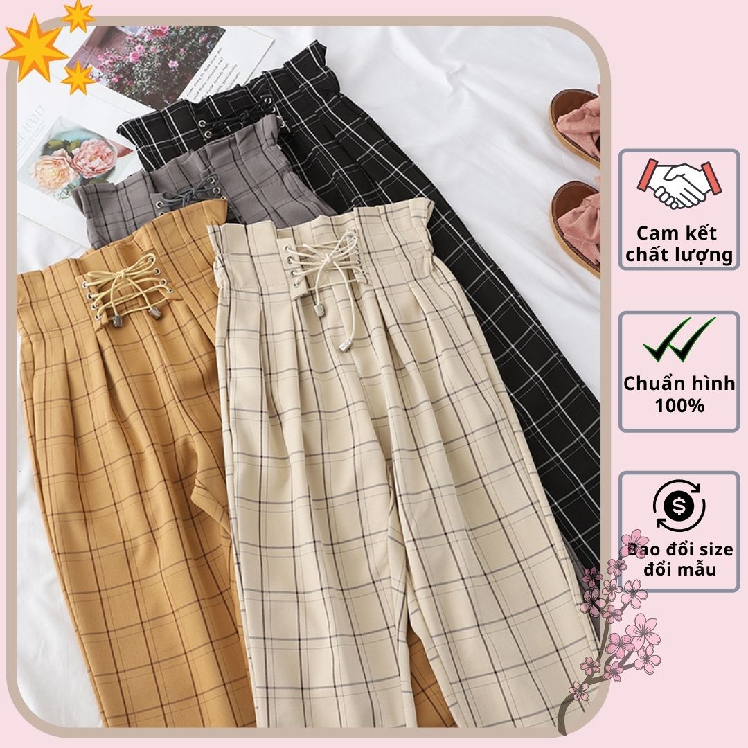 Hàng Quảng Châu - Quần baggy caro ullzang eo đan dây siêu xinh - QV11170