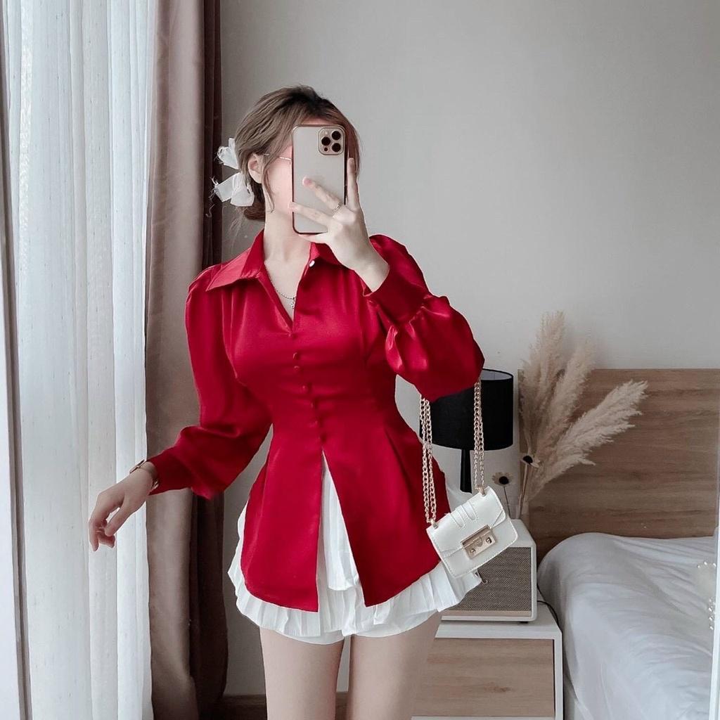 Sét Áo Đỏ, Trắng Đen Và Váy Phi Mờ Phối Lụa Kate Thời Trang Nữ Free Size 40-55kg