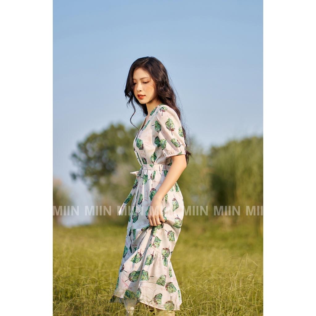 D00579 - Đầm thiết kế cao cấp dáng suông cổ tim hoạ tiết lá Miu Store