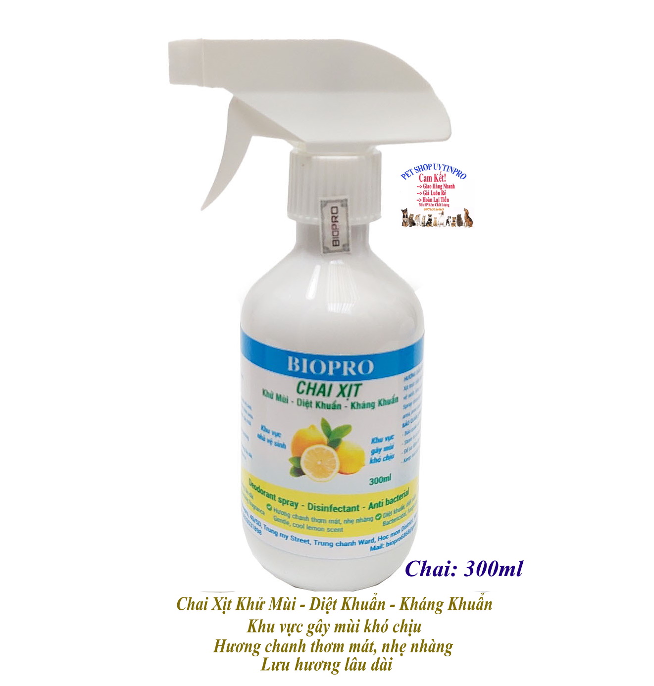 Chai xịt Biopro 300ml khử mùi diệt khuẩn kháng khuẩn Khu vực gây mùi khó chịu Khu vực nhà vệ sinh Hương chanh thơm mát