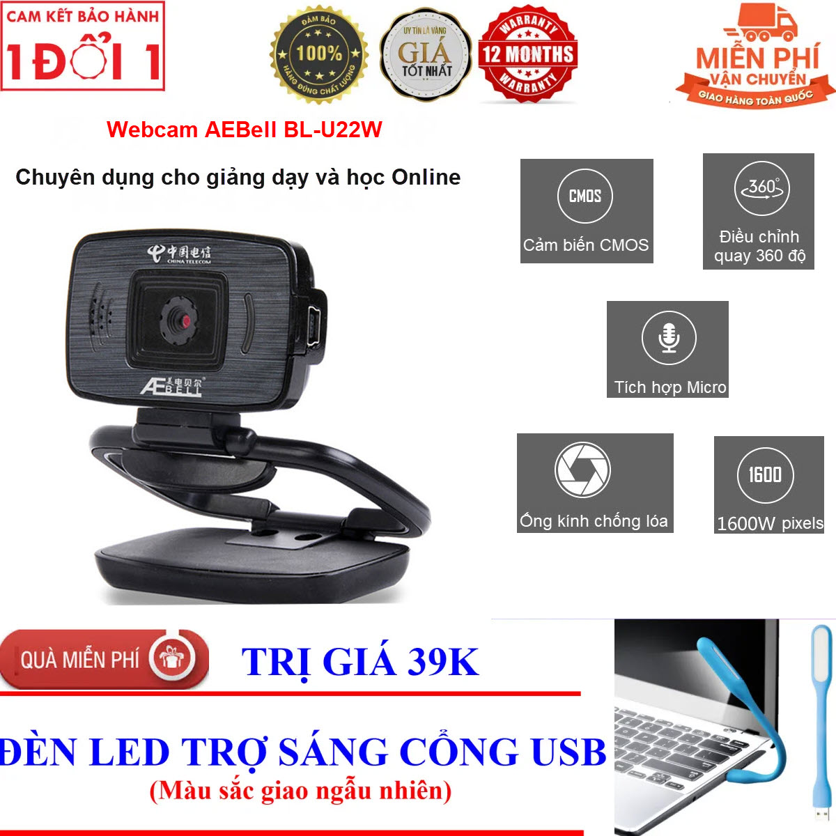 Tặng Đèn LED Trợ Sáng - Webcam học Online cho máy tính AEBell BL-U22W - Webcam kèm mic chuyên dụng cho học trực tuyến