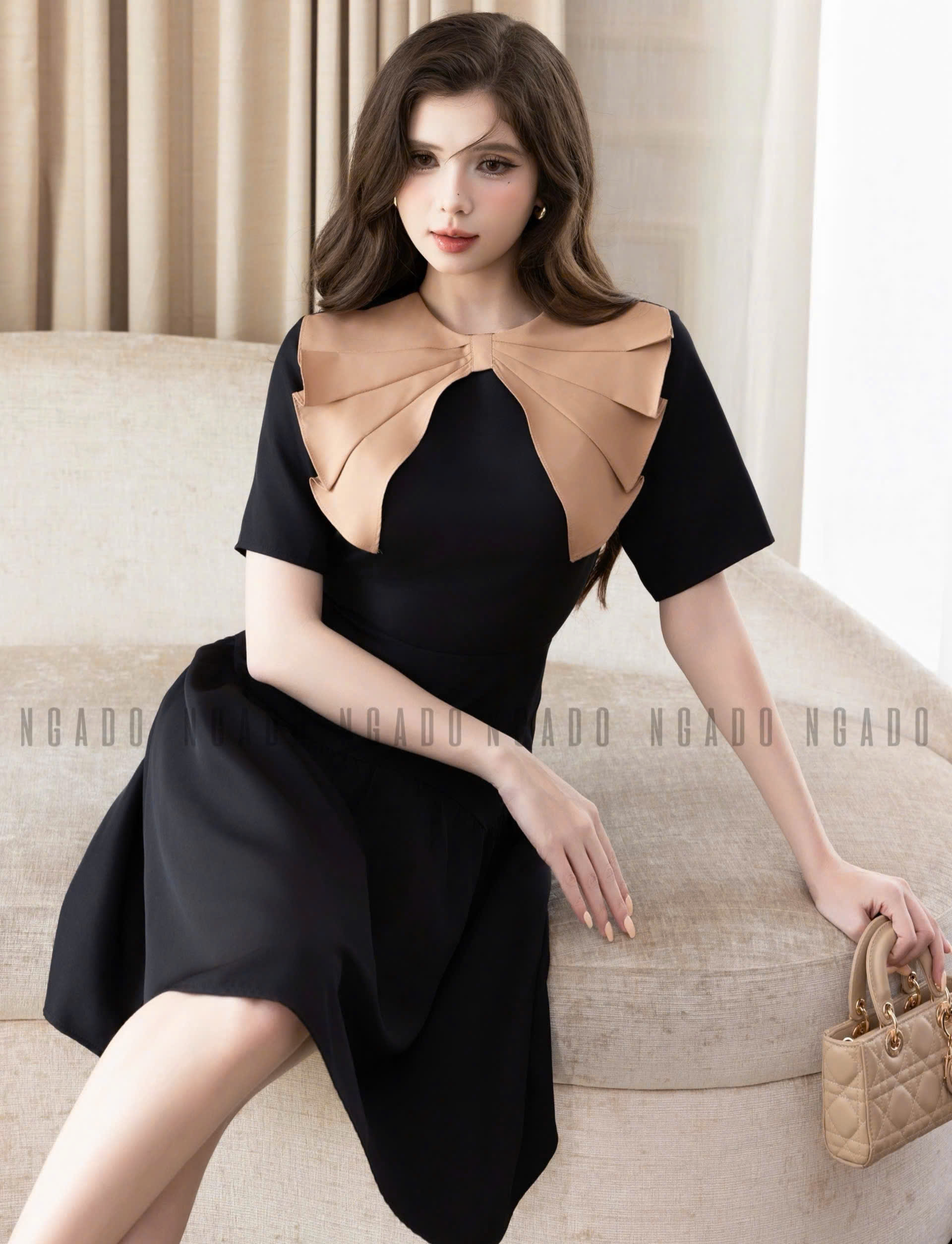 Đầm đen cổ nơ nâu NGADO , đầm kiểu , đầm dự tiệc , đầm công sở