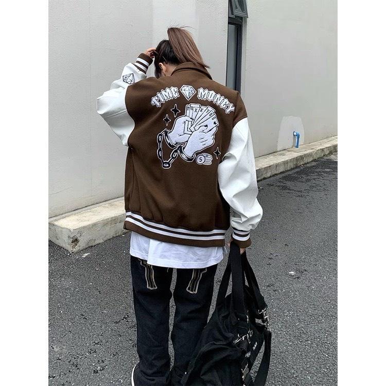 Áo Varsity Jacket Ullzang TIME MONNEY - Áo khoác Cardigan Bomber Unisex phối bo siêu hot - OCEAN.CLO