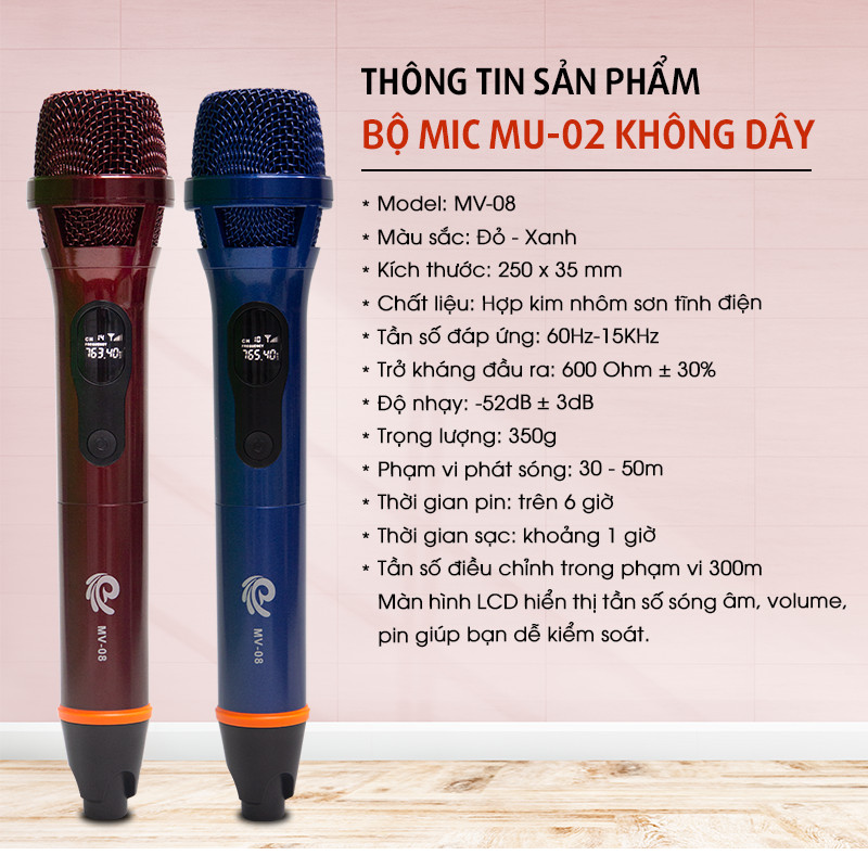 Trọn Bộ 2 Micro Karaoke Không Dây Tần Số VHF Kết Nối Với Loa Kéo, Amply Qua Đầu Thu Mini, Tay Mic Bằng Hợp Kim Chống Rơi Vỡ - Chính Hãng