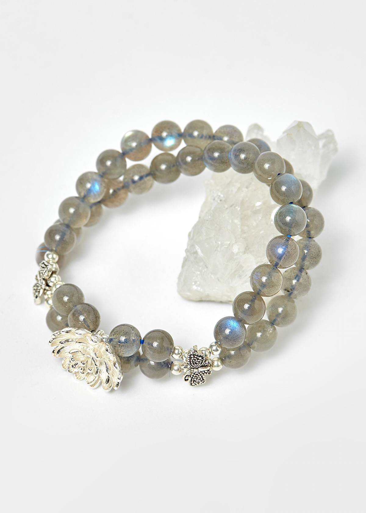 Vòng 2 line đá xà cừ xám ánh xanh phối hoa mẫu đơn bạc hạt 6mm - Ngọc Quý Gemstones