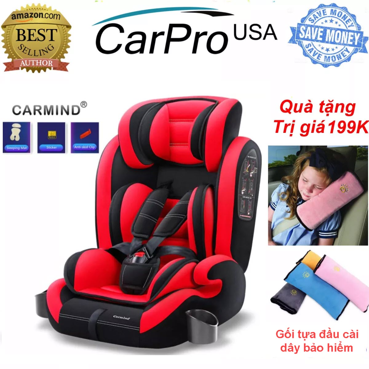 Ghế ngồi ô tô cho bé , ghế ngồi phụ dày đa năng trên xe hơi an toàn cho bé  từ 9 tháng đến 12 tuổi  CARMIND hạng Thương Gia Business Class - Kèm Gối Ngủ Tựa Đầu Cài Dây Bảo Hiểm