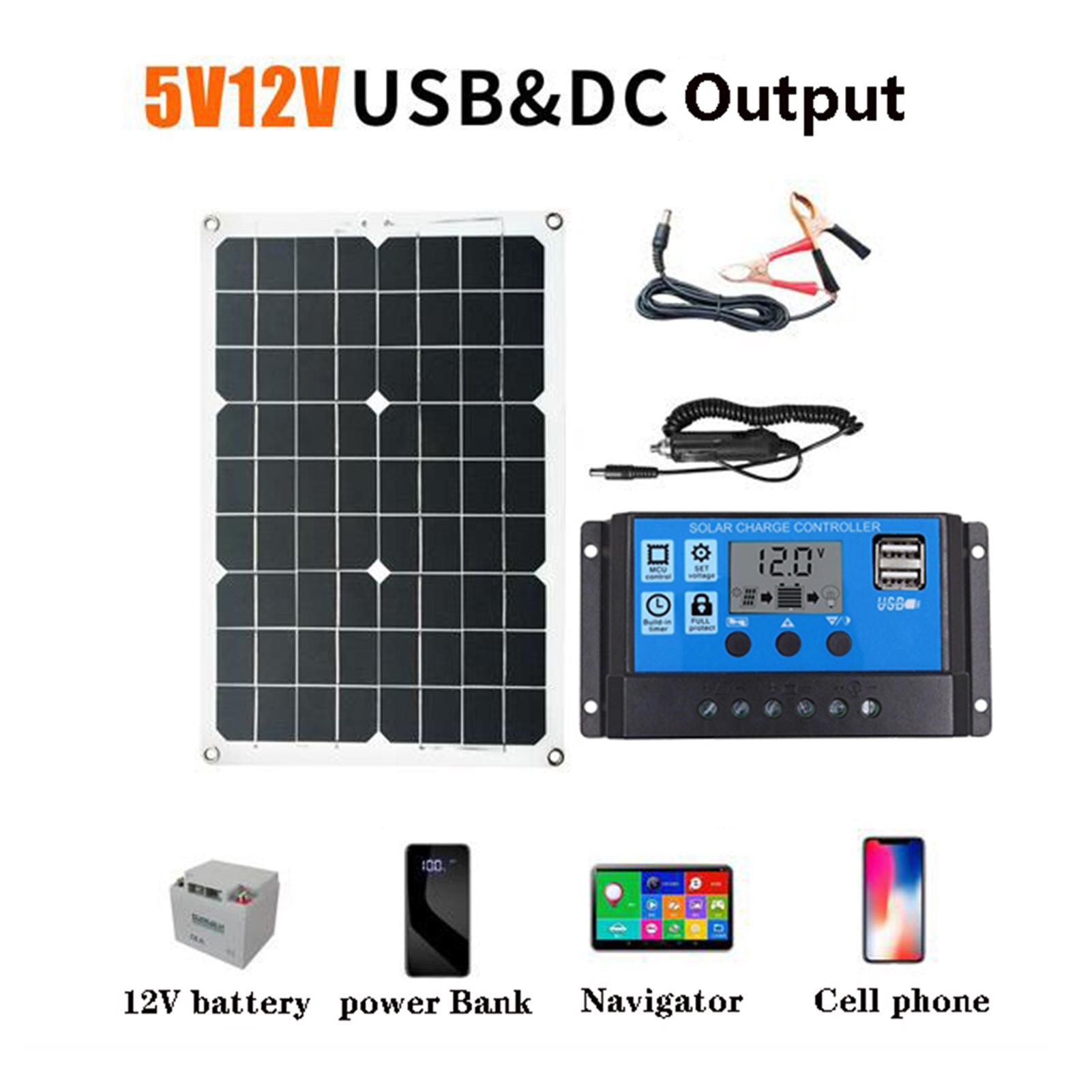 Solar Panel System 18V 20W Solar Panel 30A Charge Controller with Dual USB Car Solar Inverter Kit Complete Power Generation Supply for Mobile Phones Sports cameras, and 12V Car Batteries