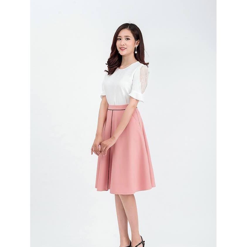 Váy xòe công sở hồng viền