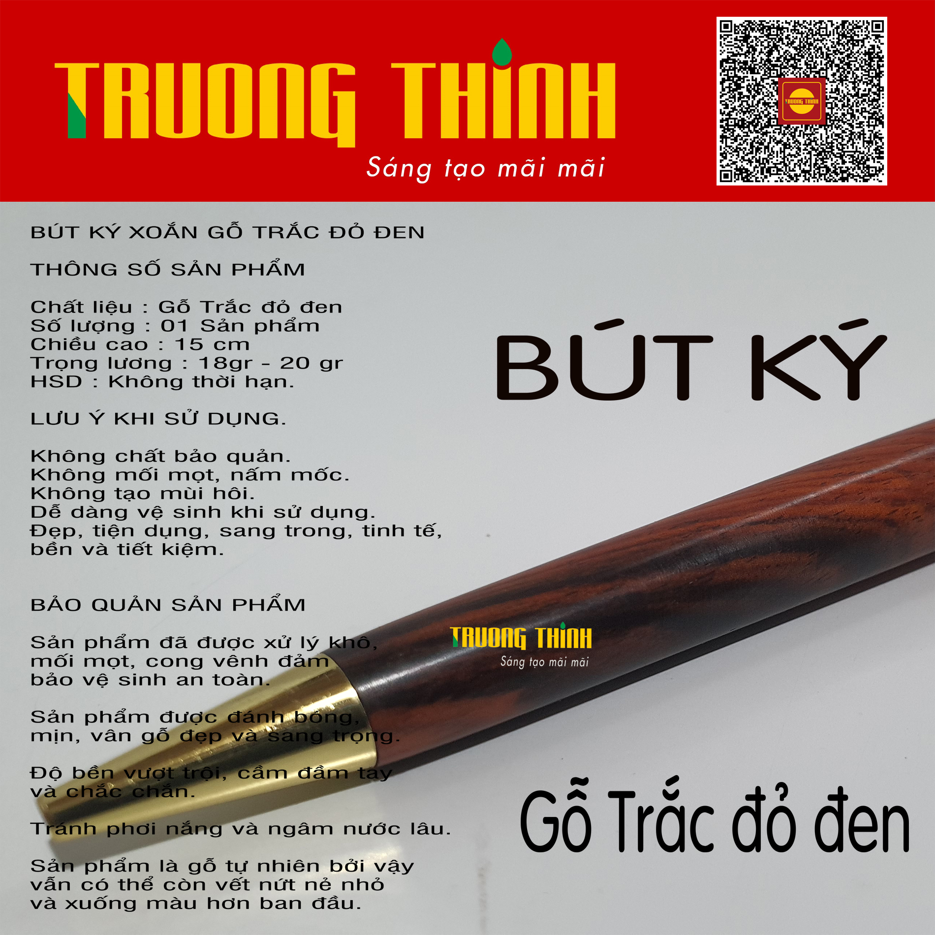 Bút Ký Gỗ Trắc Đỏ Đen Cao Cấp Chính Hãng Trường Thịnh Đẳng Cấp Doanh Nhân - Gắn Đồng Nguyên Khối . Loại Xoắn 15 cm