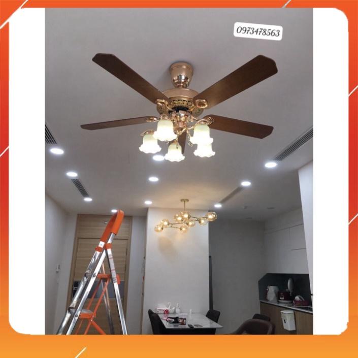 Quạt Trần Đèn 5 Cánh Gỗ Lõi Đồng Phong Cách Tân Cổ Điển,Tặng Bộ Điều Khiển Từ Xa,Động Cơ DC 6 Tốc Độ