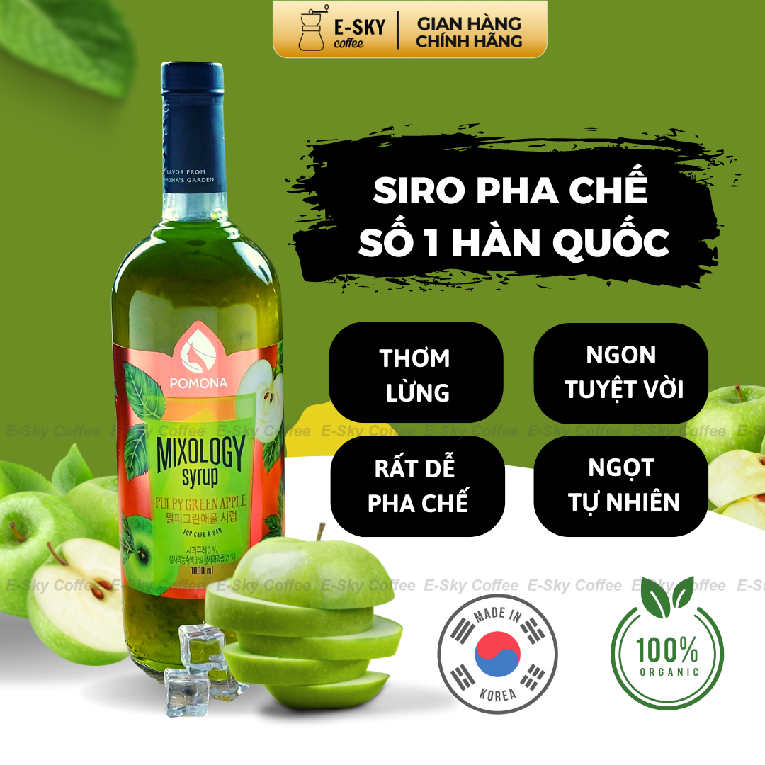 Siro Táo Xanh Pomons Pulpy Green Apple Syrup Nguyên Liệu Pha Chế Hàn Quốc Chai Thủy Tinh 1 lít