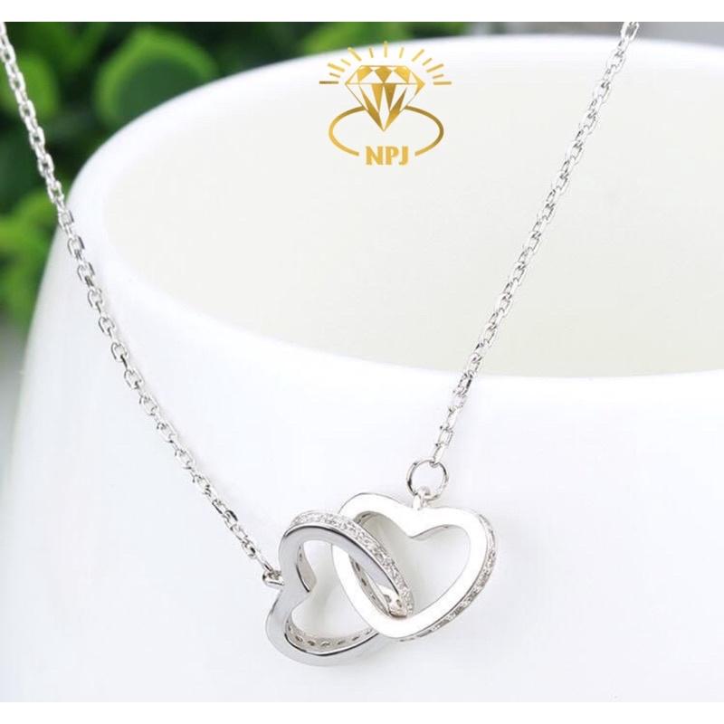 Dây chuyền tim đôi viền đá xinh xắn, Vòng cổ tim lồng đôi Bạc Ta -Bạc Npj