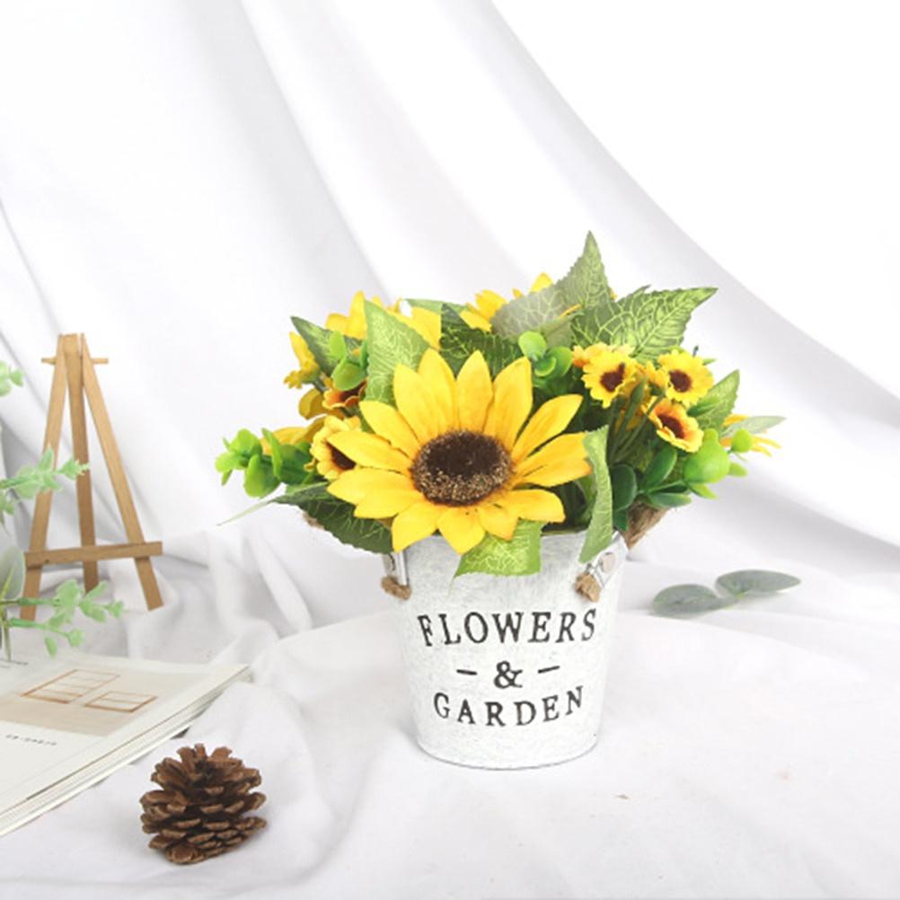 Artificial Sunflower Bouquet with Vase Plastic Simulation Yellow Flowers Metal Potted Bonsa for Home Office Party Wedding Decor