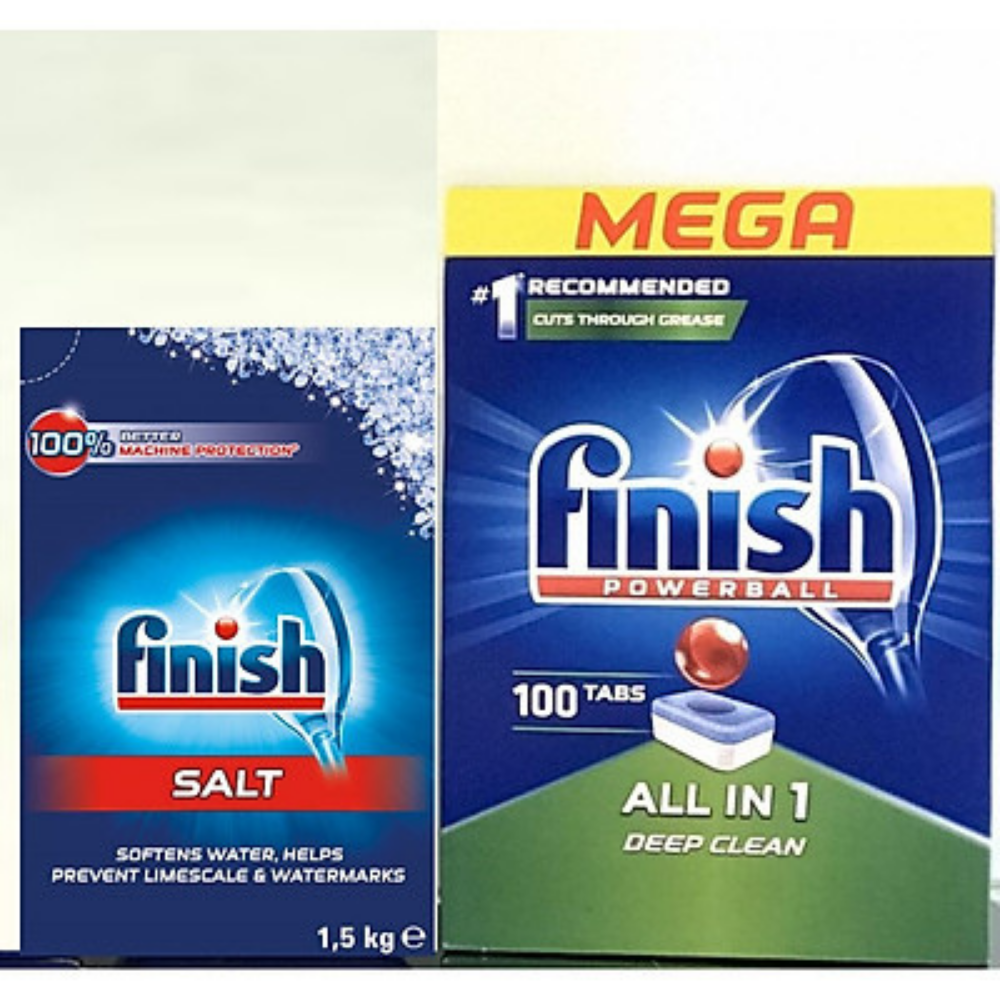 combo Viên rửa bát finish all in one 100 viên+Muối rửa bát finish 1.5kg cho Máy rửa bát