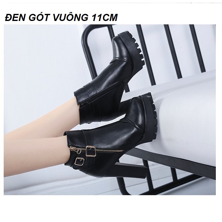Giày boot gót vuông, bốt nữ cao gót 11 phân vòng dây khóa vàng sang trọng cá tính êm chân S017