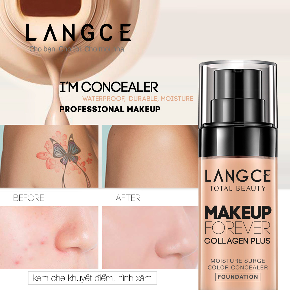 KEM NỀN CHE KHUYẾT ĐIỂM + HÌNH XĂM, KIỀM DẦU DƯỠNG ẨM DA 30ml LANGCE