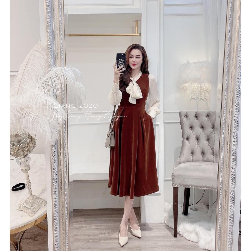 Váy dáng xòe chất umi Đầm dáng dài phối nơ cổ tay dài hàng thiết kế VNXK