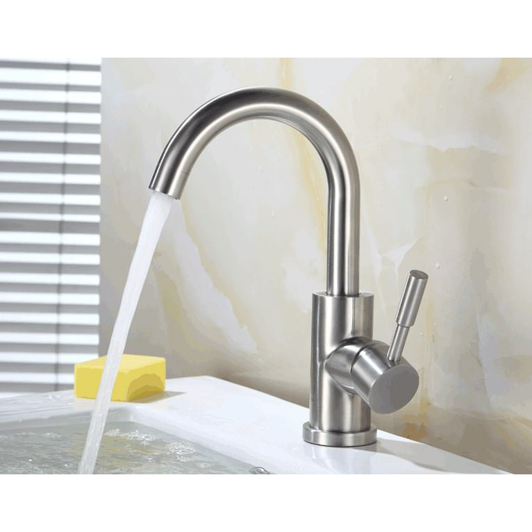 Vòi Lavabo nóng lạnh cần cong SUS304 + 2 dây cấp