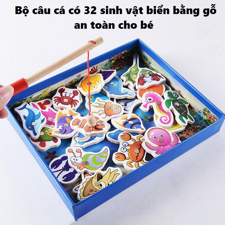 Đồ chơi câu cá cho bé 32 chi tiết bằng gỗ KB216009, Bộ câu cá cho bé hình sinh vật biển sinh động kèm cần câu