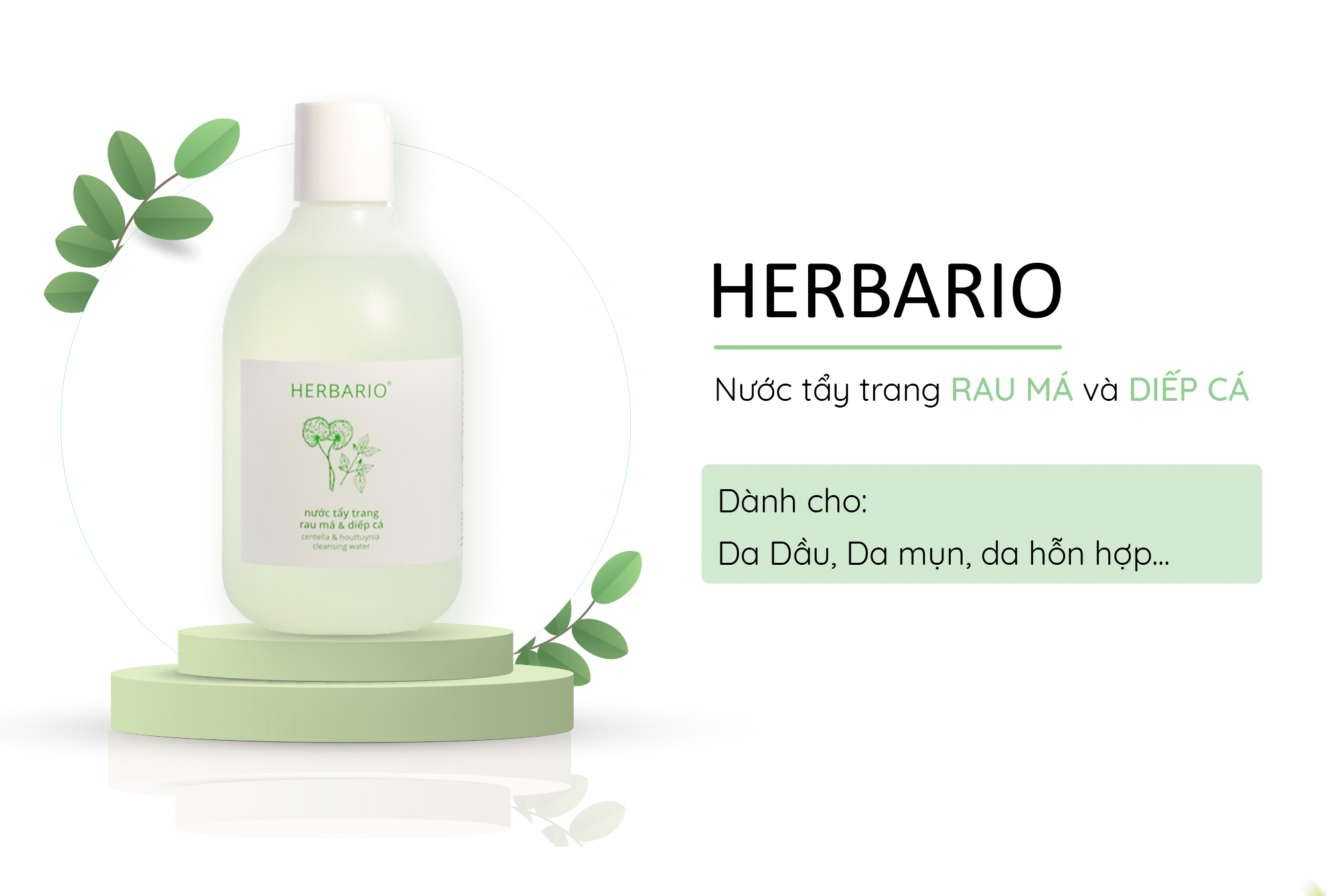 Nước tẩy trang Rau Má &amp; Diếp Cá Herbario 300ml da dầu, da mụn