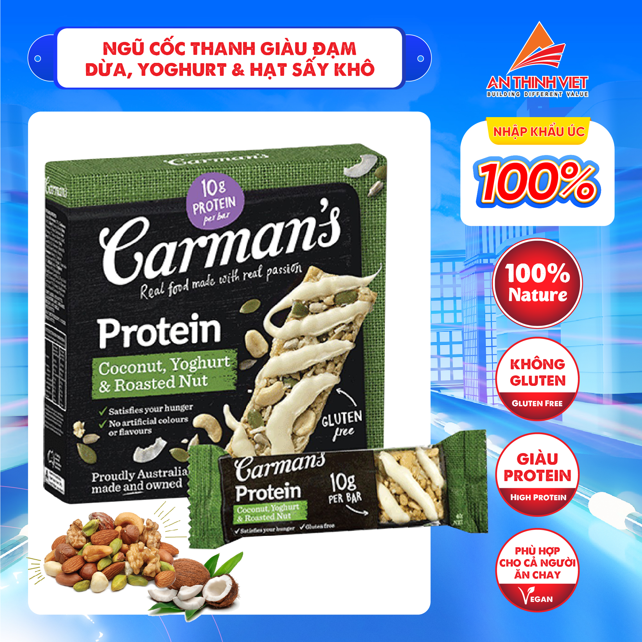 Thanh Hạt Giàu Đạm Dừa, Sữa Chua, Hạt Sấy Khô Carman's - Protein Bar Coconut Yoghurt &amp; Roasted Nut Hộp 200g