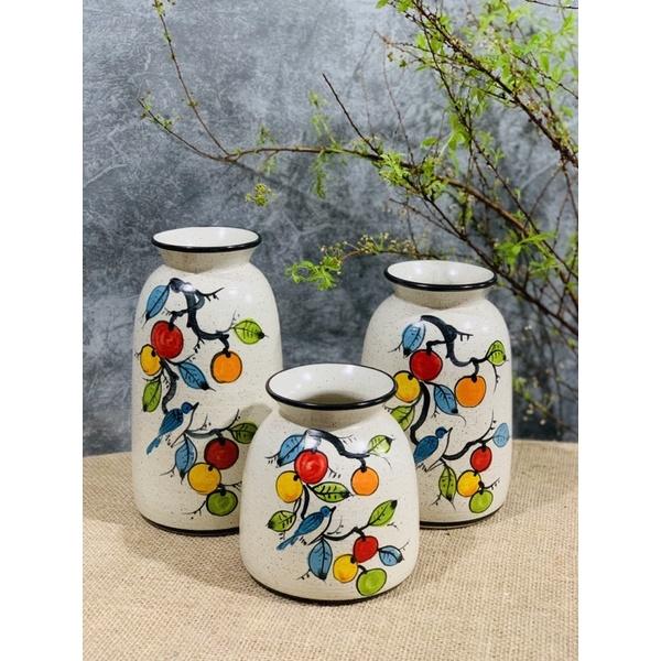 Set 3 lọ decor- cắm hoa, hoạ tiết vẽ thủ công. Gốm sứ Bát Tràng.