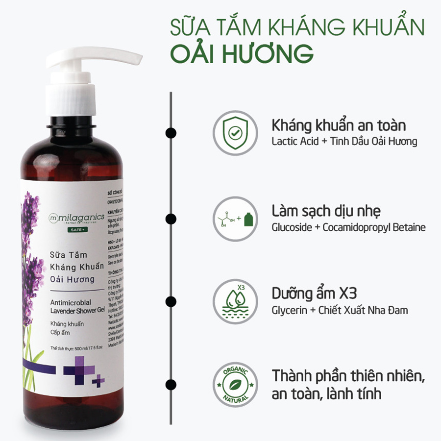 Sữa Tắm Oải Hương Milaganics Kháng Khuẩn 500ml