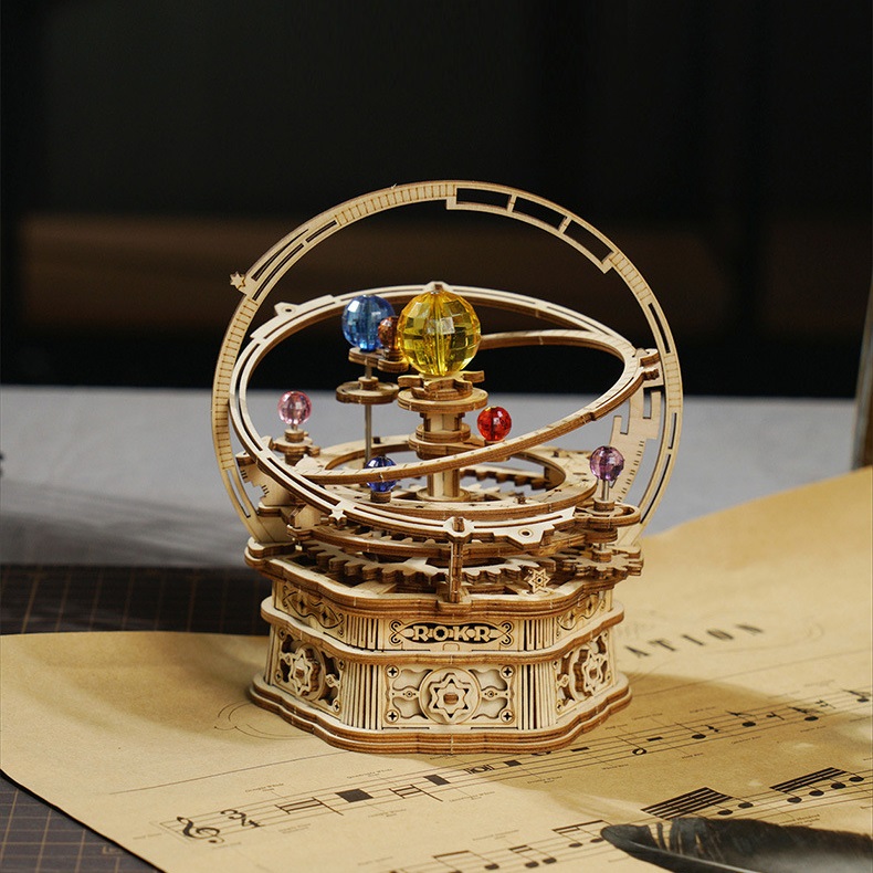 Đồ chơi lắp ráp gỗ 3D Mô hình Hộp nhạc Starry Night AMK51 Orrery Mechanical Music Box