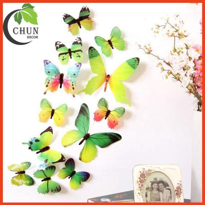 Combo 12 decal dán tường hình bướm 3D trang trí cửa kính, tủ quàn áo, giỏ hoa, ảnh treo tường