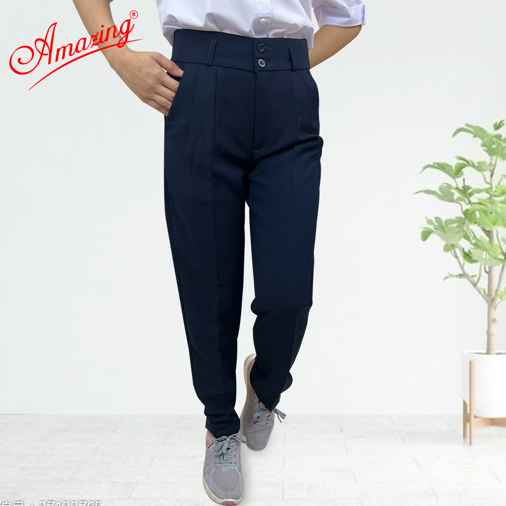 Quần nữ Amazing lưng cao 2 nút đồng phục học sinh vải tuyết mưa dày mềm không nhăn màu đen và xanh
