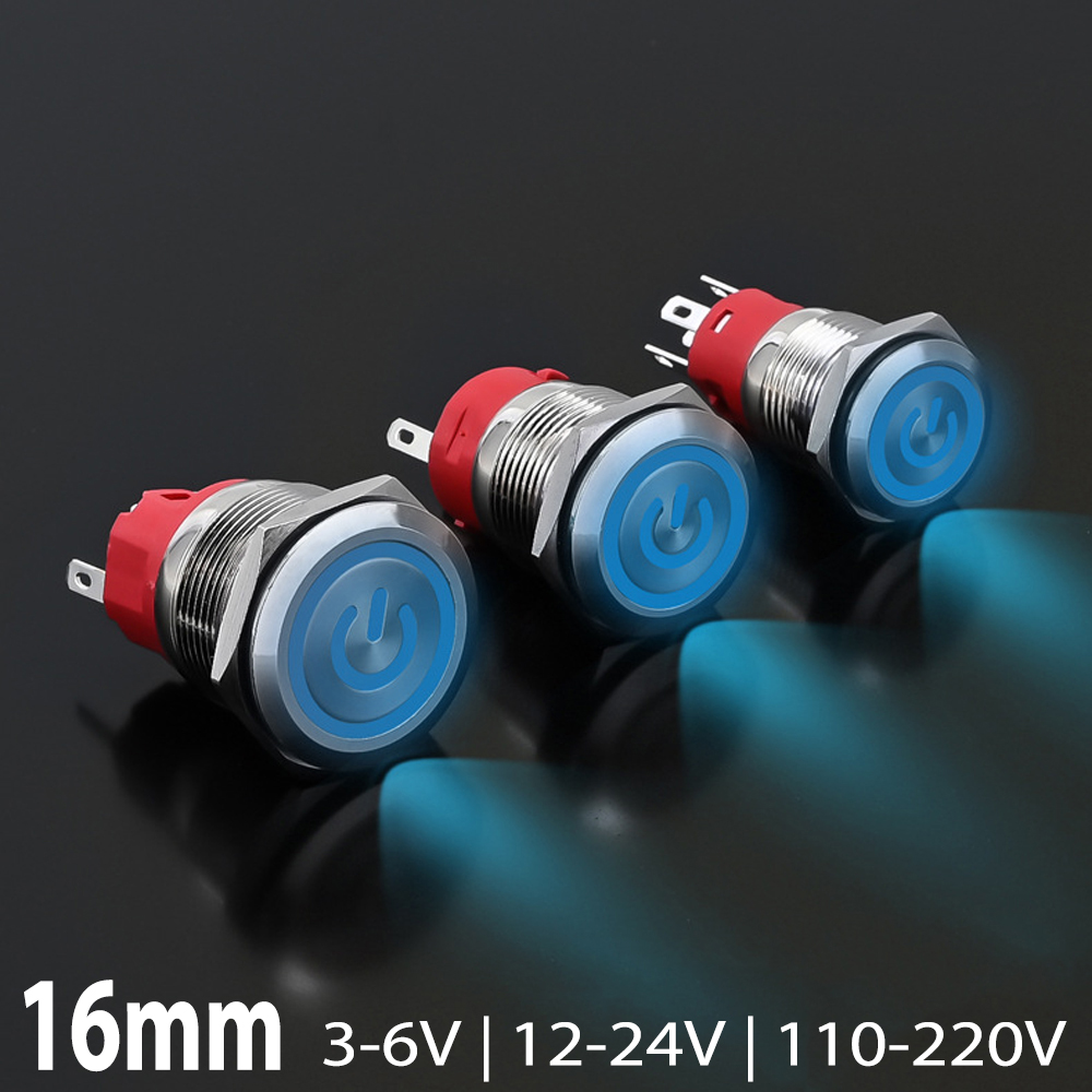 Nút Nguồn Inox Led, Công Tắc Nhấn Tự khóa 16mm Có biểu tượng Power
