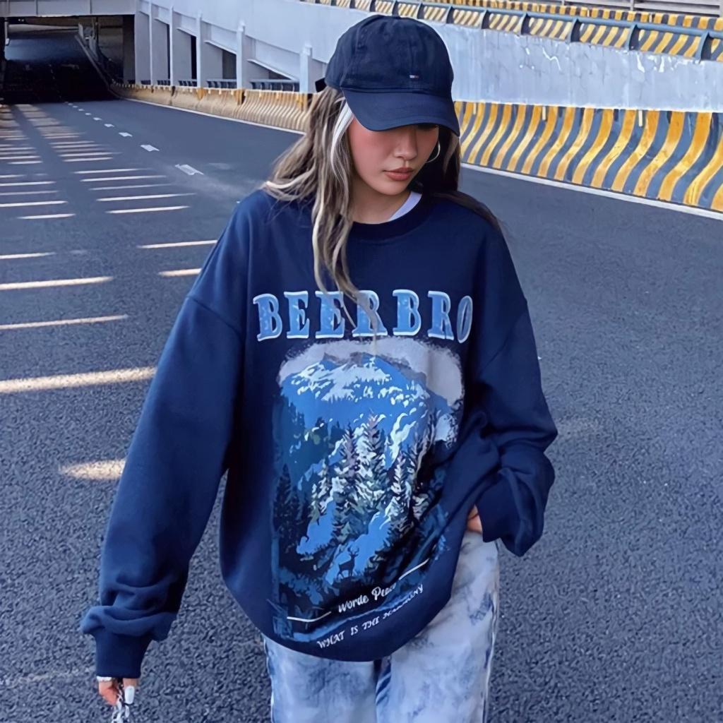 Áo Sweater Nỉ Ngoại Unisex Nam Nữ BEERBRO Màu Xanh In Hình Đồi Núi