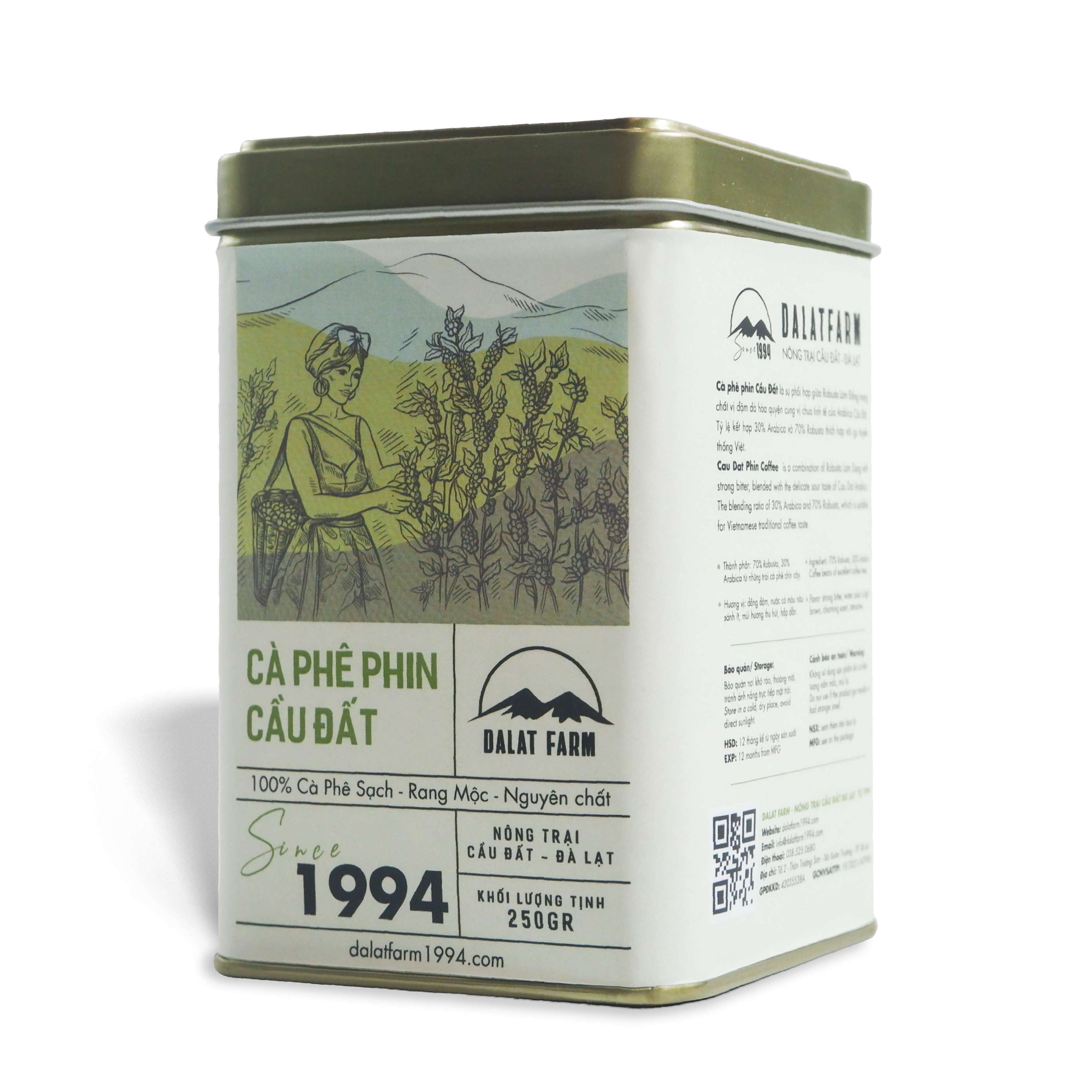 Cà Phê Phin Cầu Đất (Arabica &amp; Robusta) Rang Mộc DalatFarm - Hộp 250Gr (Dạng Bột)