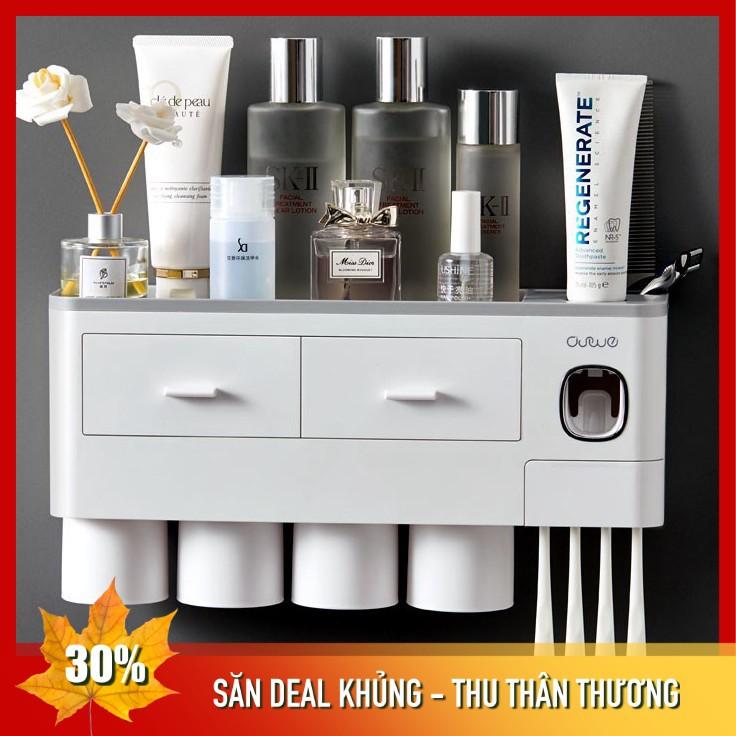 Kệ Nhà Tắm Thông Minh I Kèm cốc hút từ tính + Bộ nhả kem đánh răng tự động I Dán tường