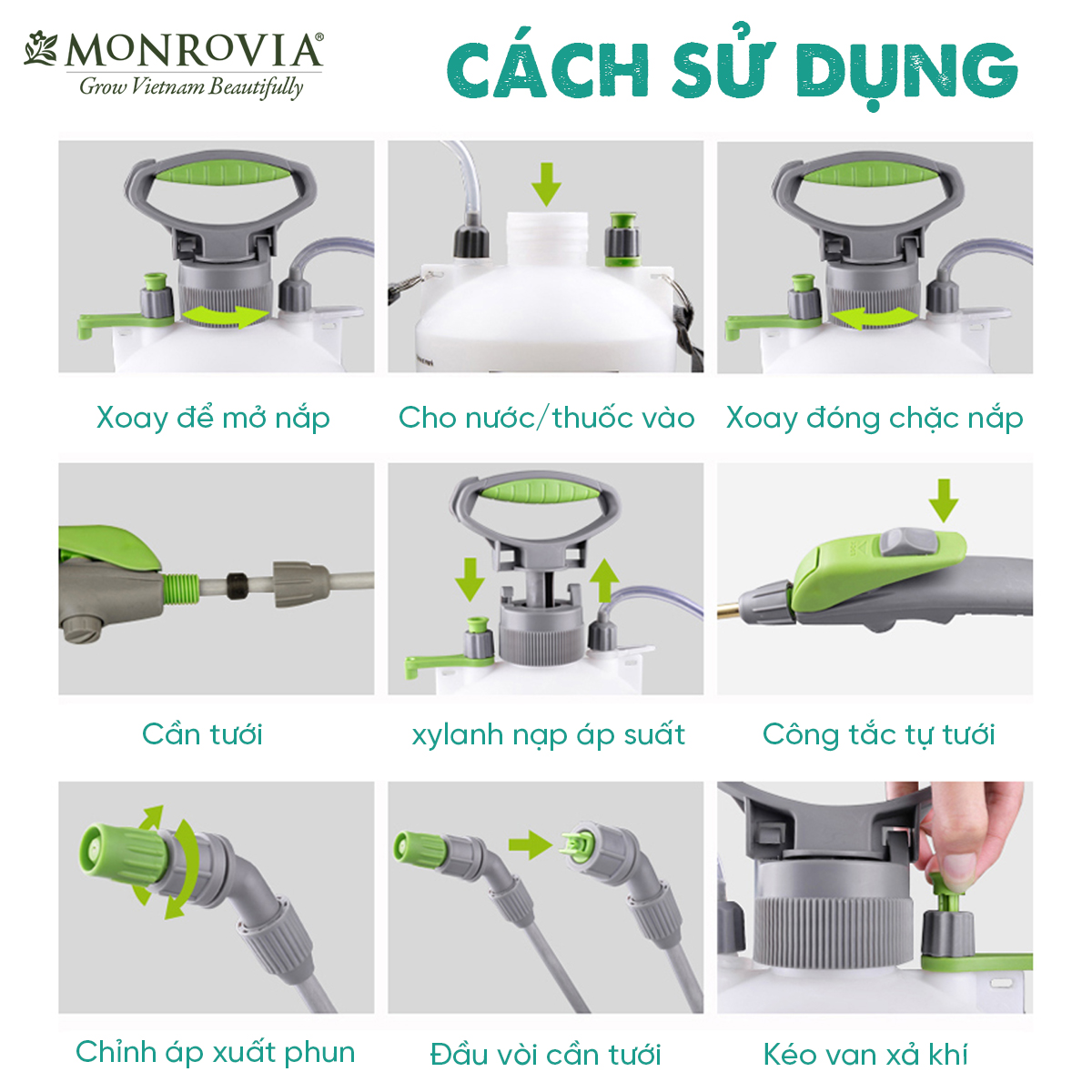 Bình tưới cây 5 lít Monrovia, phun hai chế độ, áp suất lớn tiêu chuẩn Châu Âu