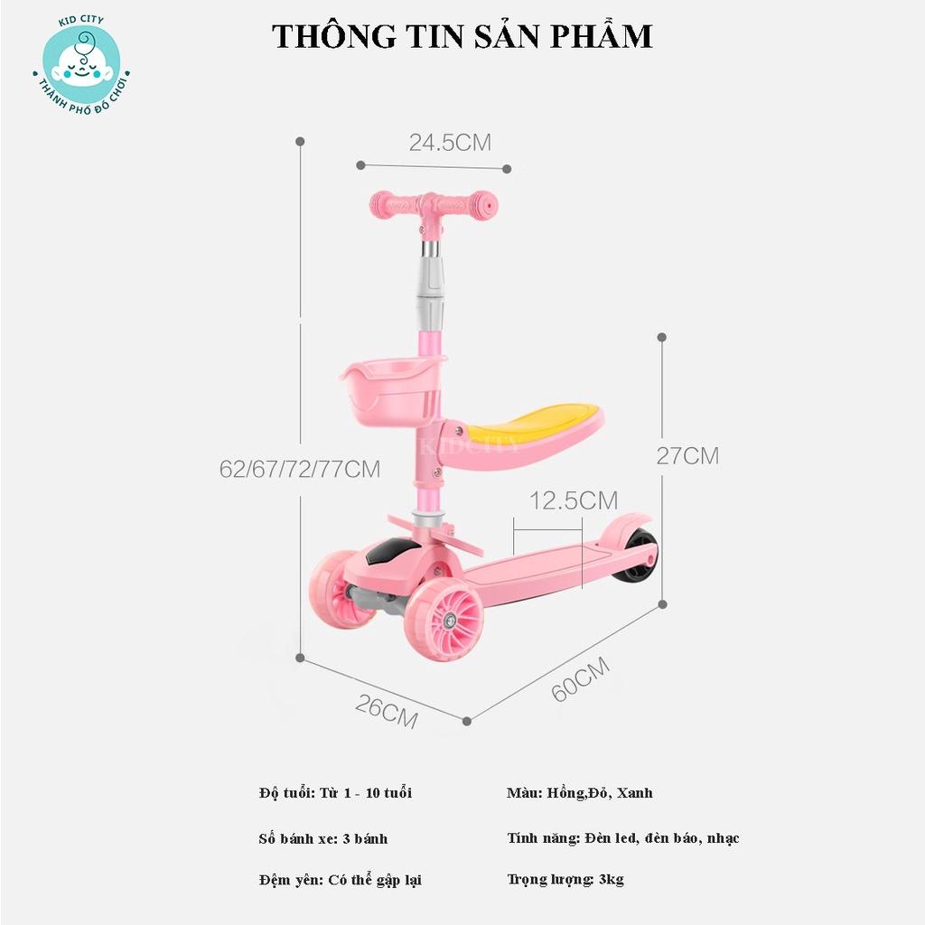 Xe trượt scooter cho bé có nhạc, đèn phát sáng kèm ghế nhún và giỏ đựng ( tặng kèm chong chóng )