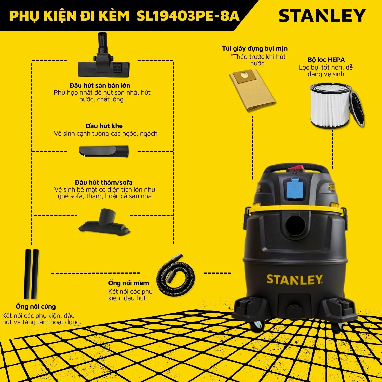 Máy hút bụi Công nghiệp 4 chức năng 30L Stanley SL19403PE-8A (5.5HP)  Hỗ trợ dùng chung dụng cụ điện - Hàng chính hãng