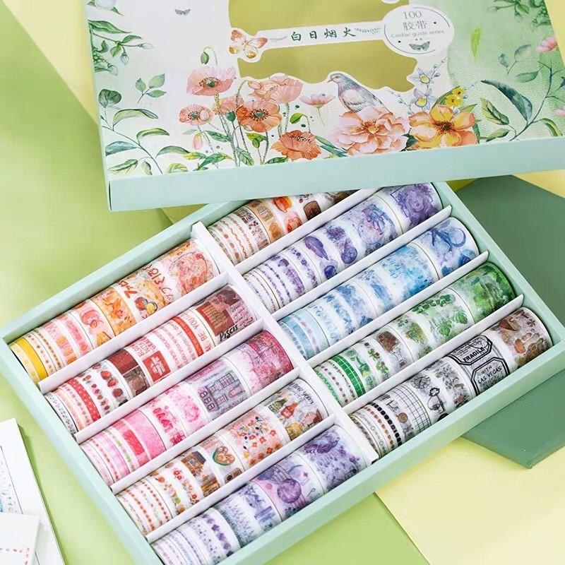 Hộp 100 cuộn washi tape dễ thương