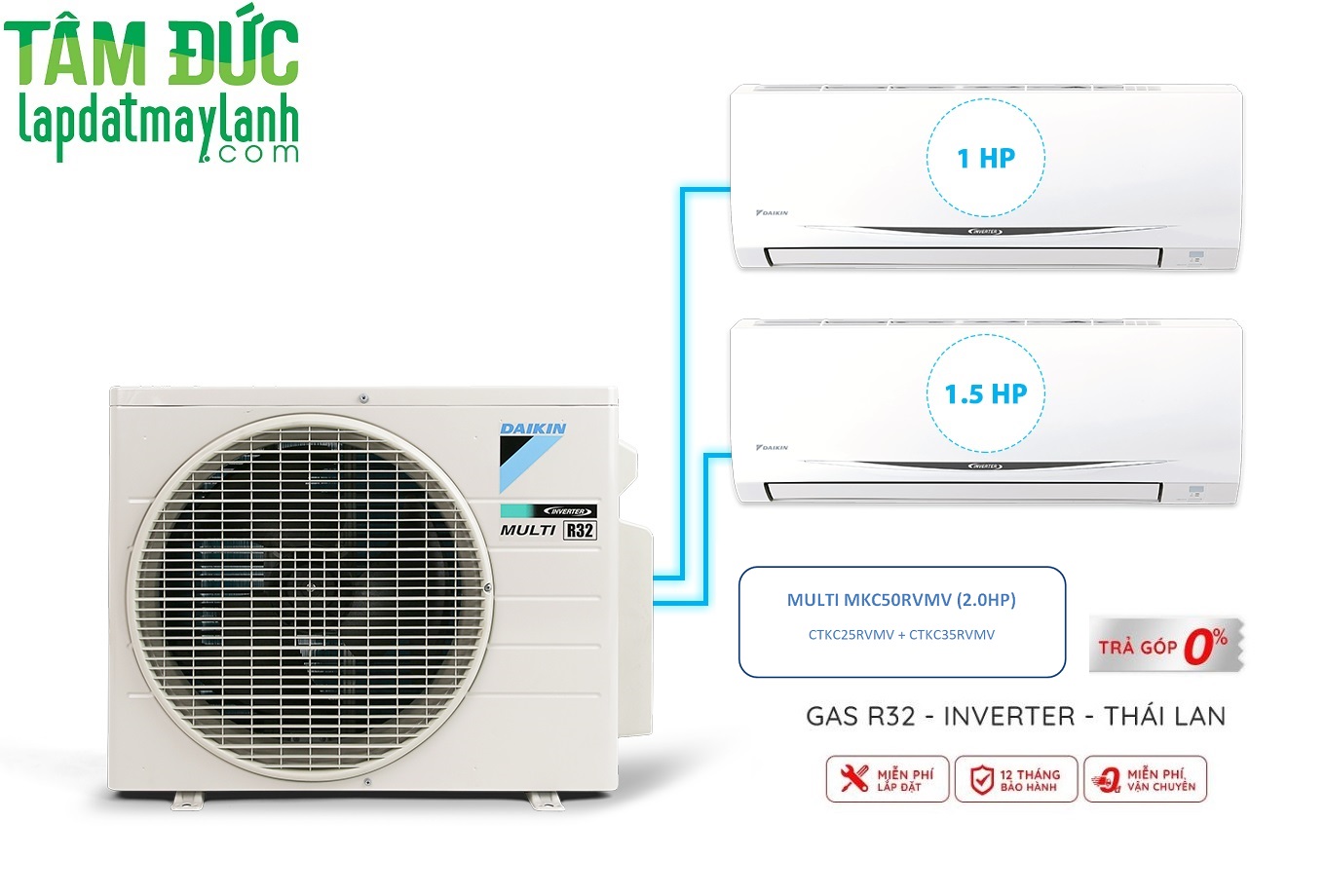 Hệ Thống Máy Lạnh Multi S Daikin Inverter Combo 2HP + 02 dàn lạnh 1.0HP + 1.5HP - MKC50RVMV/CTKC25RVMV+CTKC35RVMV - Hàng Chính Hãng - Chỉ giao tại TP.HCM