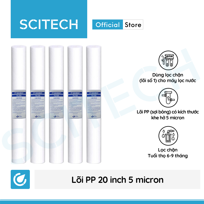 Combo 5 lõi lọc nước số 1 PP 20 inch 5 micron dùng trong máy lọc nước RO, bộ lọc thô - Hàng chính hãng