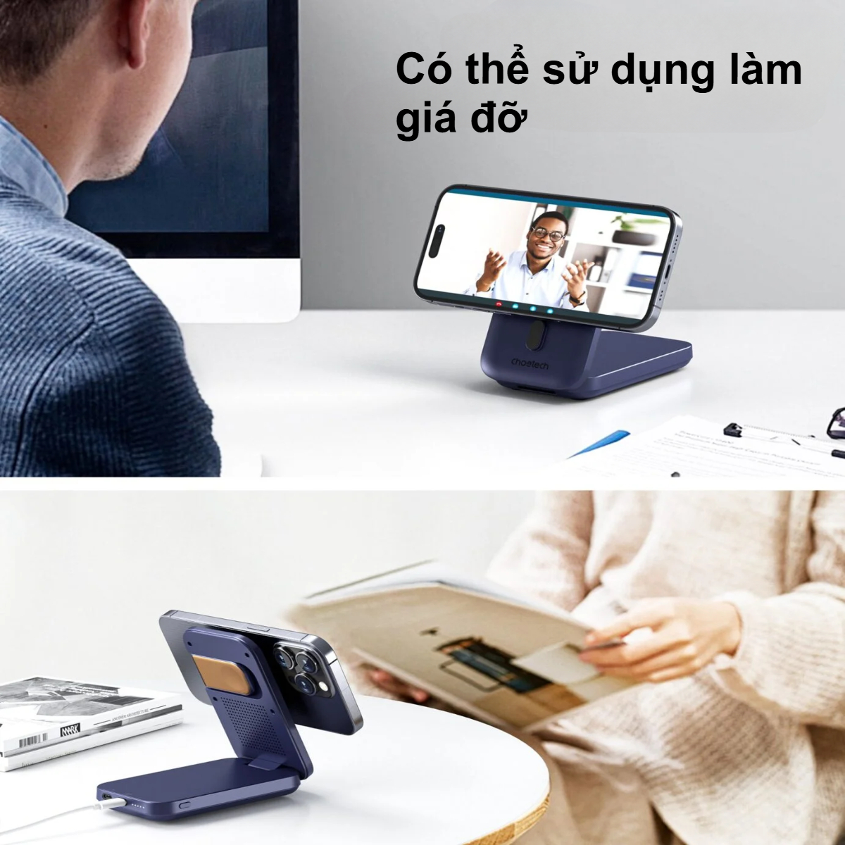 Pin dự phòng dung lượng 10000mAh kiêm đế sạc không dây chuẩn Qi 2 gấp gọn Choetech B750 (Hàng chính hãng)