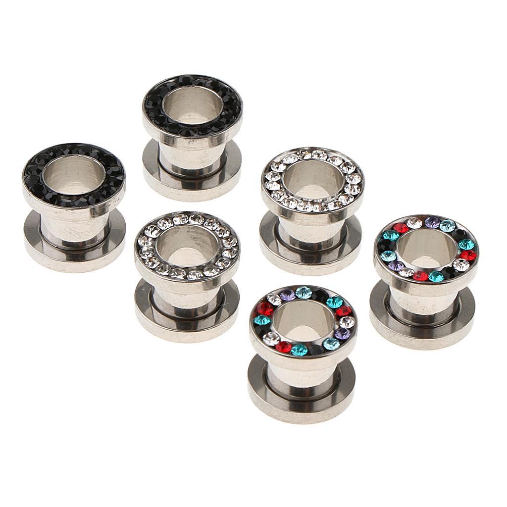 Set of 6 Ear Gauges Plug Expander Rhinestone Tunnel Piercing Jewelry 6mm