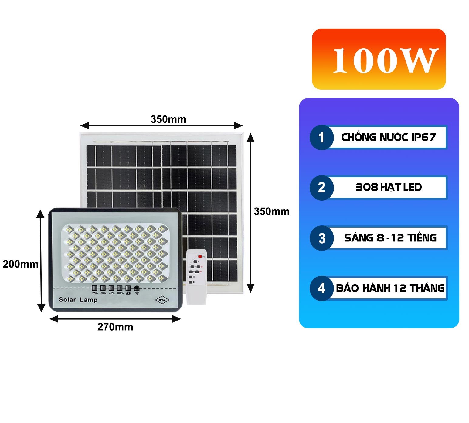 Đèn năng lượng mặt trời chống loá 100w ( VỎ NHỰA )