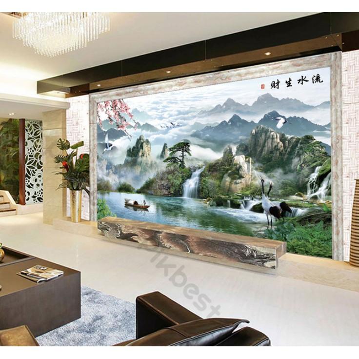 Tranh dán tường Tranh Sơn Thủy Hữu Tình phòng khách hiện đại dán tường MS963107