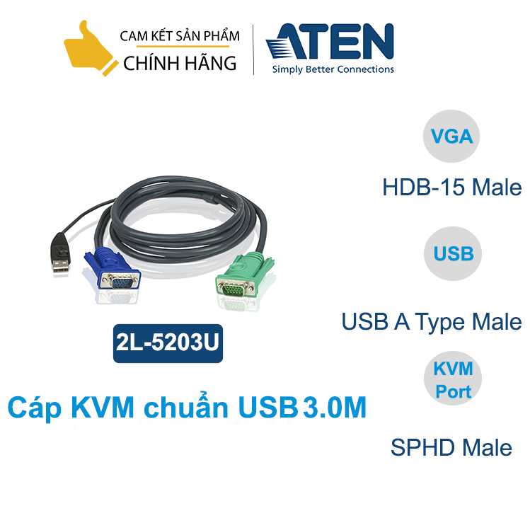 Cáp kết nối KVM Aten 2L-5203U Chuẩn USB/ 3.0 mét - Hàng chính hãng