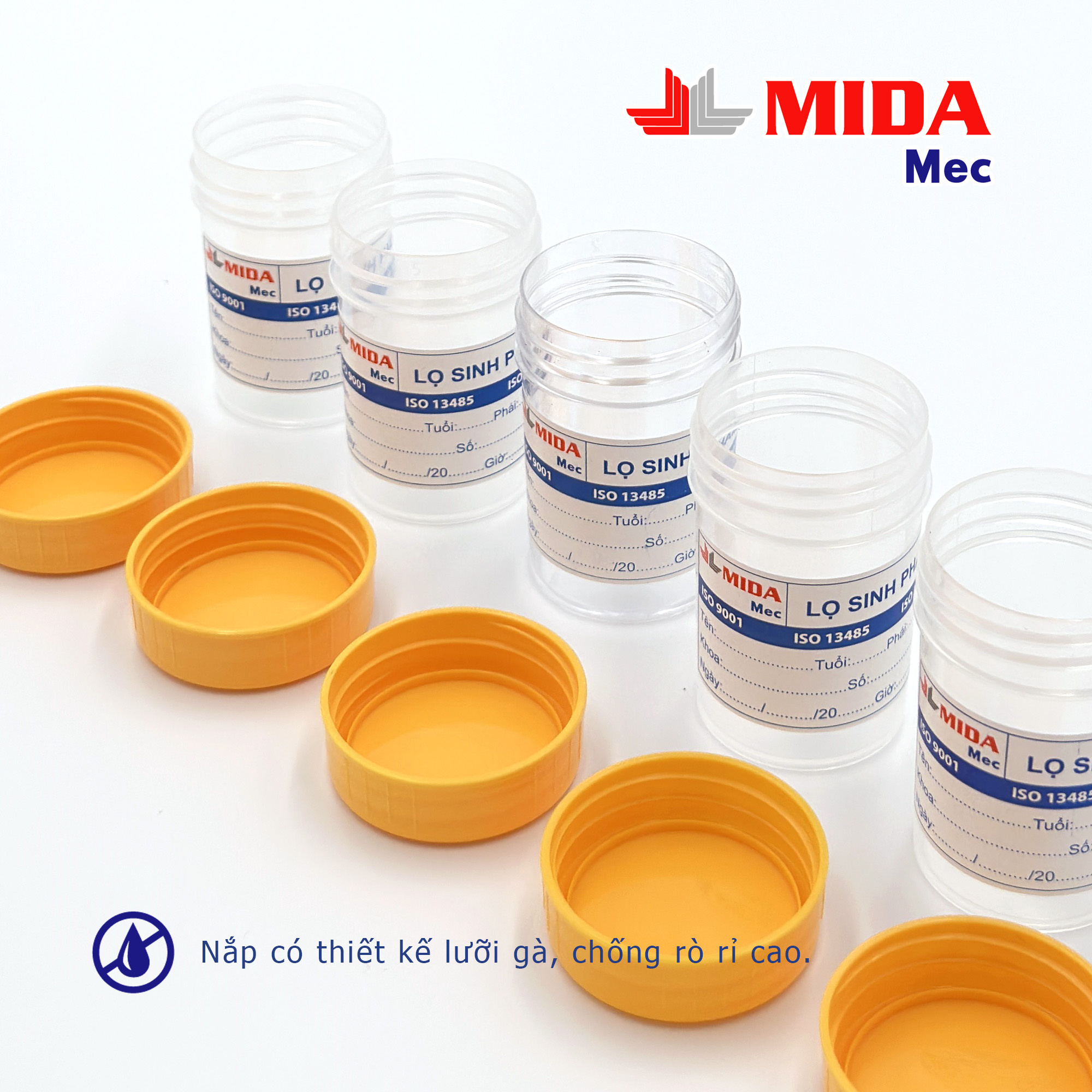 Lọ sinh phẩm MidaMec không gá 40ml PP đóng gói 100 lọ/bao - Nắp Vàng