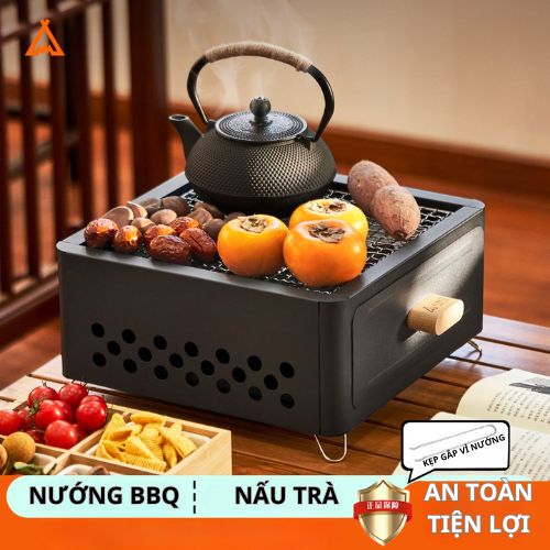 Combo bếp nướng BBQ đen cao cấp kèm than tre nén 3kg ít khói, an toàn, tiện lợi di chuyển kèm quà