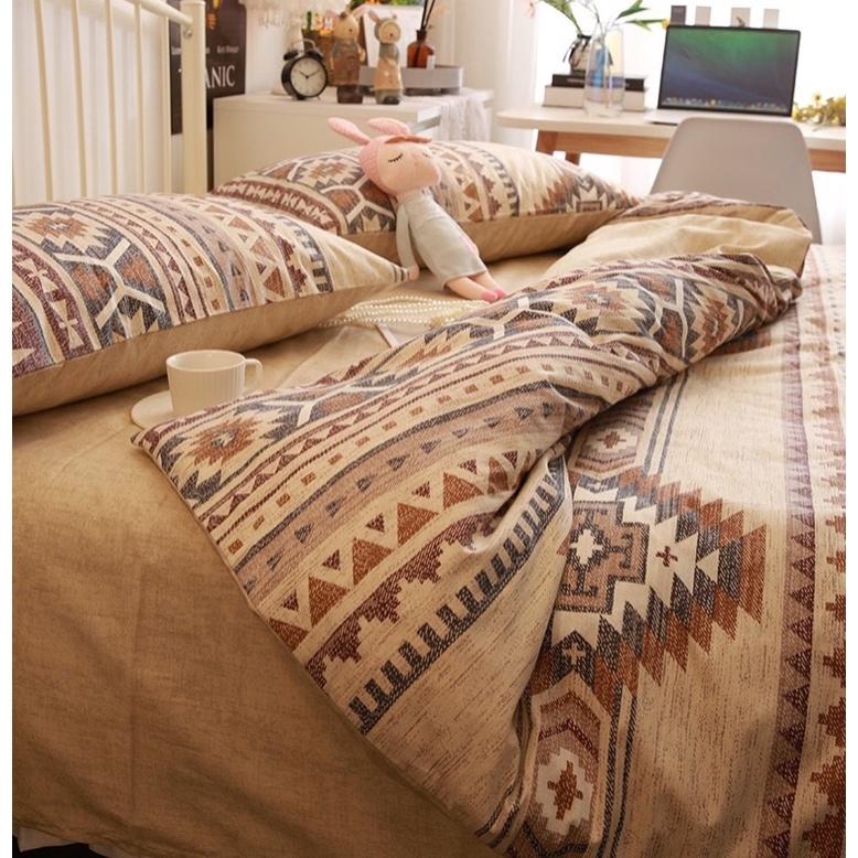 Set Cotton Living 100%cotton Hàng Nhập Khẩu Cao Cấp 4 Món kẻ Nâu Thổ Cẩm