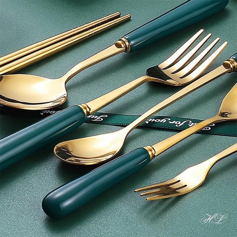 Thìa, dĩa mạ vàng cán sứ màu xanh cổ vịt