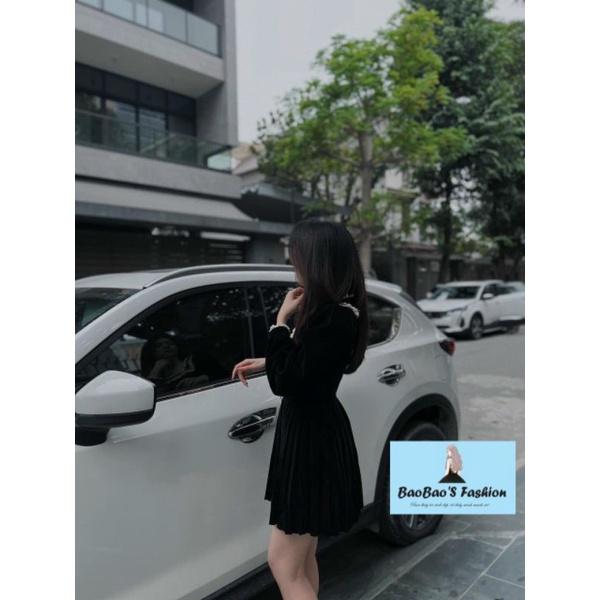 Đầm nhung dáng xoè cổ bèo nữ tính